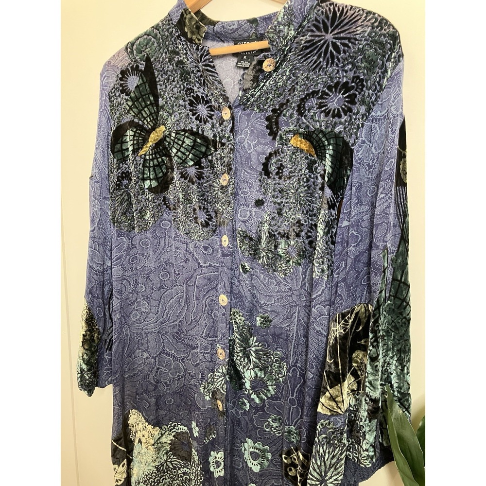 Citron Santa Monica Cardigan Duster Top Size XL Silk Blend Japanese Fans Velvet - Picture 2 of 7
